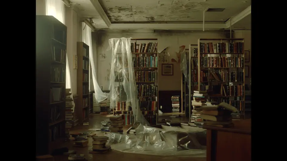 An atmospheric old library with books and translucent coverings